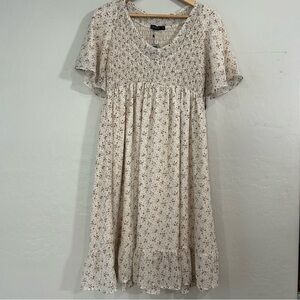 Mikarose Floral Smocked Midi Dress Large Flutter‎ Sleeve Lined NWT Toffee